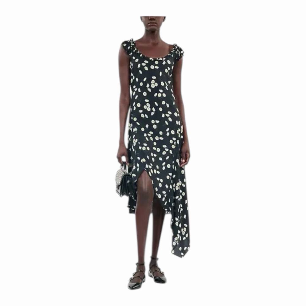 The Kooples Daisy Print Ruffle Straps Asymmetric Hem Midi Dress Size 1 NWT - Picture 3 of 16